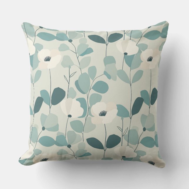Teal Green Floral Throw Pillow アウトドアクッション (正面)
