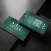 Teal Green Foil Monogram QR Code & Social Media 名刺