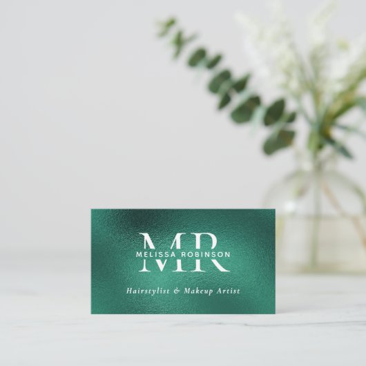 Teal Green Foil Monogram QR Code & Social Media 名刺 (スタンド正面)