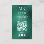 Teal Green Foil Monogram QR Code & Social Media 名刺 (裏面)
