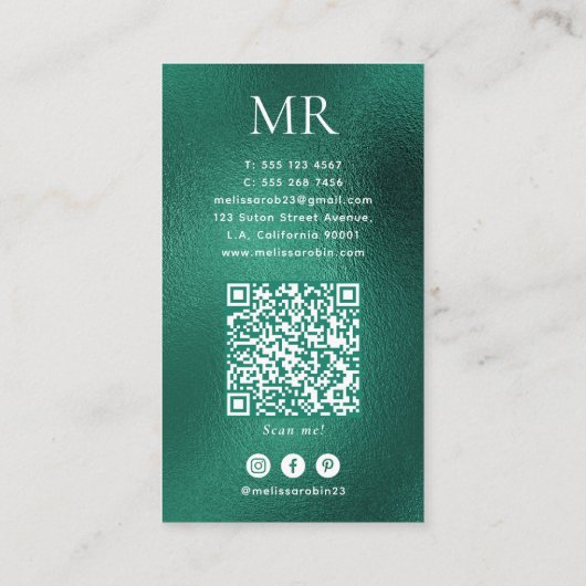 Teal Green Foil Monogram QR Code & Social Media 名刺 (裏面)