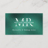 Teal Green Foil Monogram QR Code & Social Media 名刺 (正面)