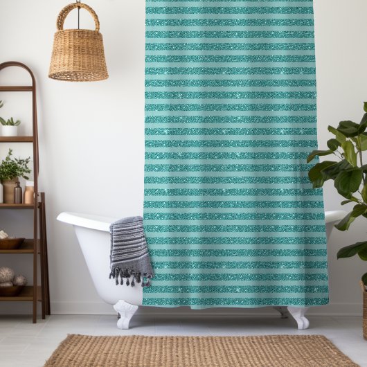 Teal Green Glitter Style Horizontal Stripes シャワーカーテン