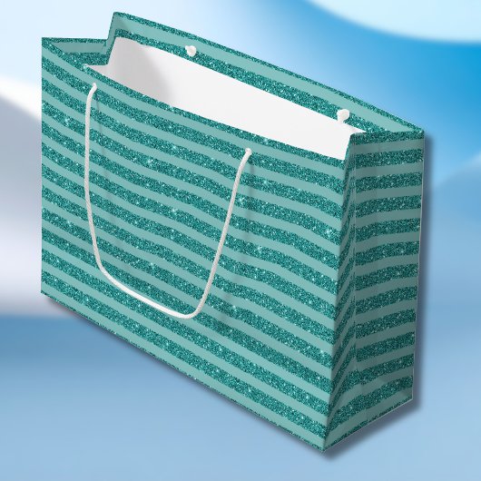 Teal Green Glitter Style Horizontal Stripes ラージペーパーバッグ