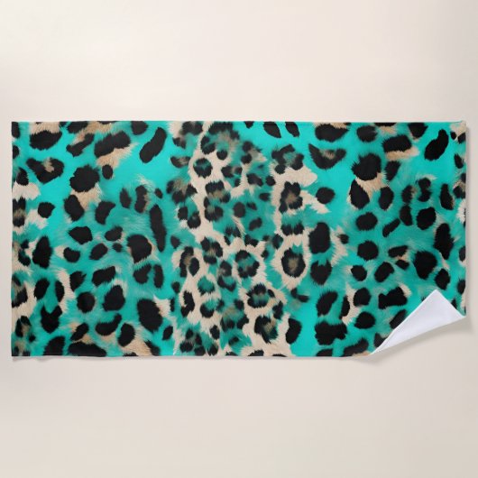 Teal Green Gold Beige Leopard Print  ビーチタオル (正面)