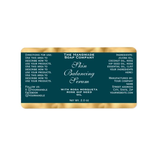 Teal Green & Gold Small Dropper Bottle Label  ラベル (正面)