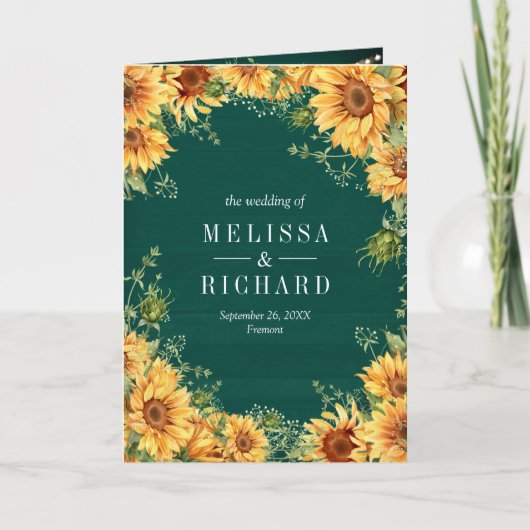 Teal Green Sunflowers Mason Jar QR Code Wedding 招待状 (正面)