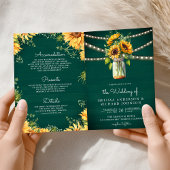 Teal Green Sunflowers Mason Jar QR Code Wedding 招待状