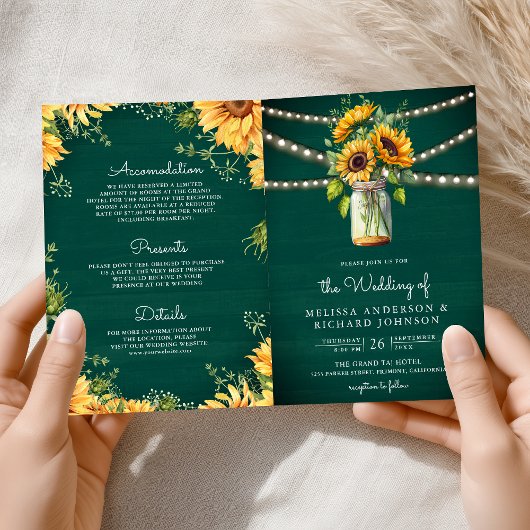 Teal Green Sunflowers Mason Jar QR Code Wedding 招待状