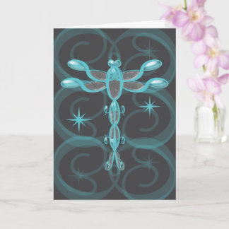 Teal, Grey, Glass Dragonfly with Stars Birthday カード