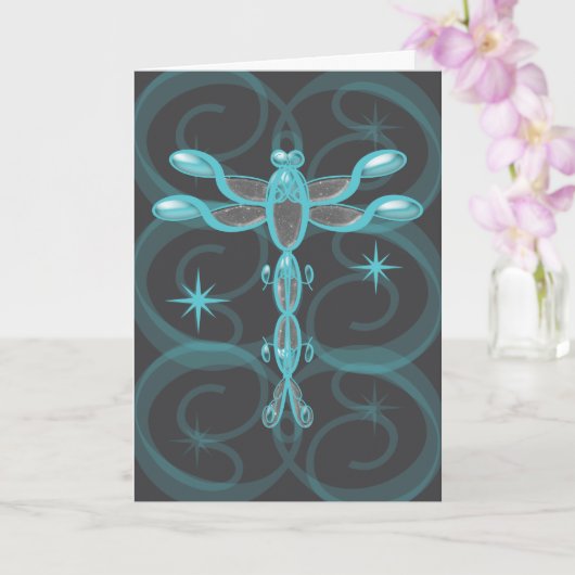 Teal, Grey, Glass Dragonfly with Stars Birthday カード (蘭)