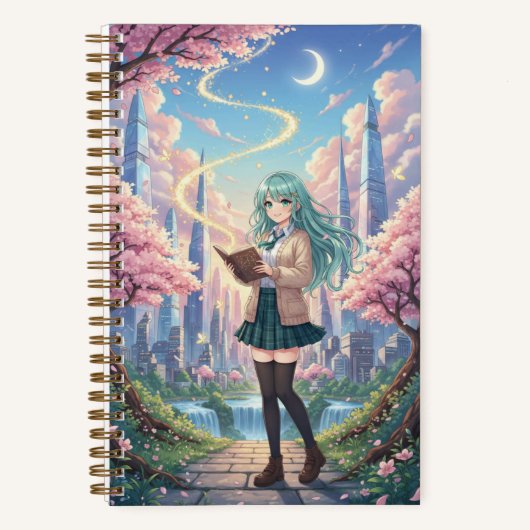 Teal Hair Anime Girl & Magic Storybook Journal ノートブック (正面)