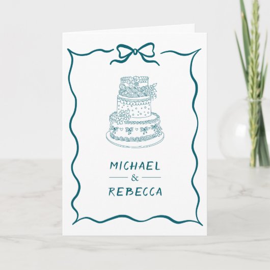 Teal Hand Drawn Bow QR Code Photo Wedding 招待状 (正面)
