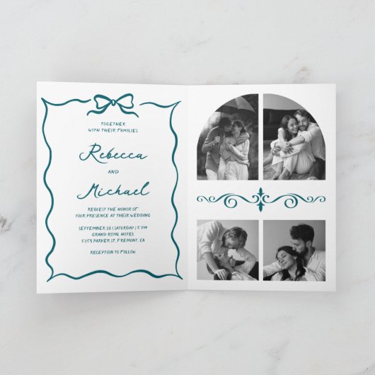 Teal Hand Drawn Bow QR Code Photo Wedding 招待状 (内部)