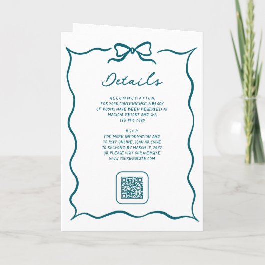 Teal Hand Drawn Bow QR Code Photo Wedding 招待状 (裏面)