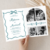 Teal Hand Drawn Bow QR Code Photo Wedding 招待状