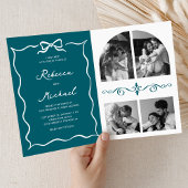 Teal Hand Drawn White Bow QR Code Photo Wedding 招待状