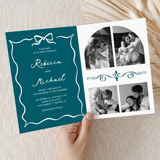 Teal Hand Drawn White Bow QR Code Photo Wedding 招待状