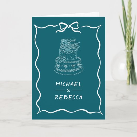 Teal Hand Drawn White Bow QR Code Photo Wedding 招待状 (正面)