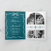 Teal Hand Drawn White Bow QR Code Photo Wedding 招待状 (内部)