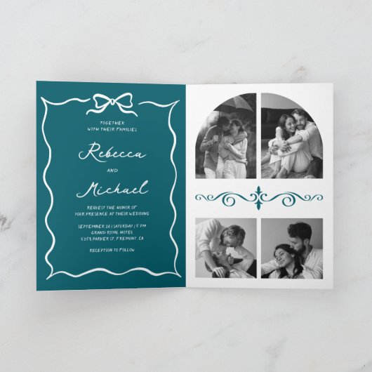 Teal Hand Drawn White Bow QR Code Photo Wedding 招待状 (内部)