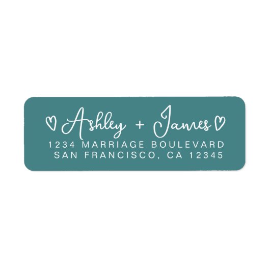 Teal Heart Script Couple Return Address Label ラベル (正面)