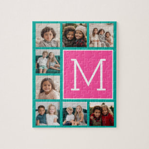 Teal Hot Pink Instagram 8 Photo Collage Monogram ジグソーパズル