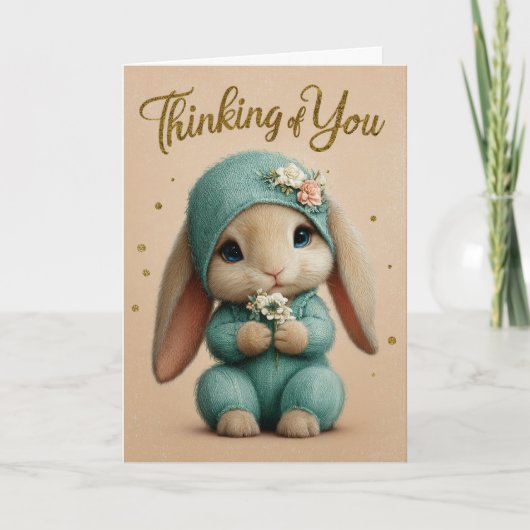 Teal Knit Baby Bunny Thinking of You Card カード (正面)