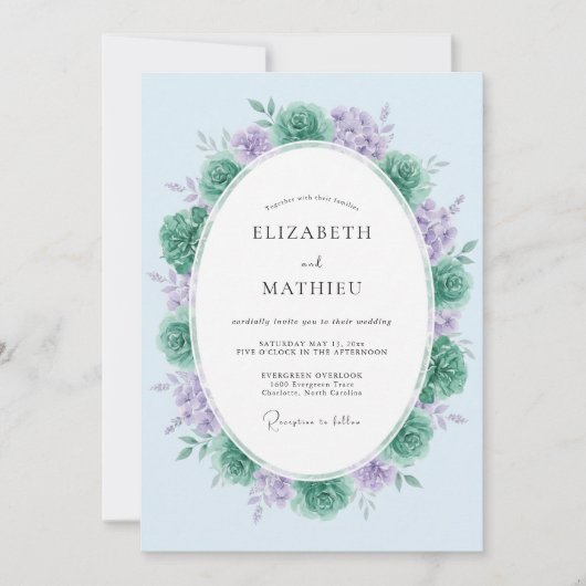 Teal Lavender Peaceful Spring Wedding 招待状 (正面)