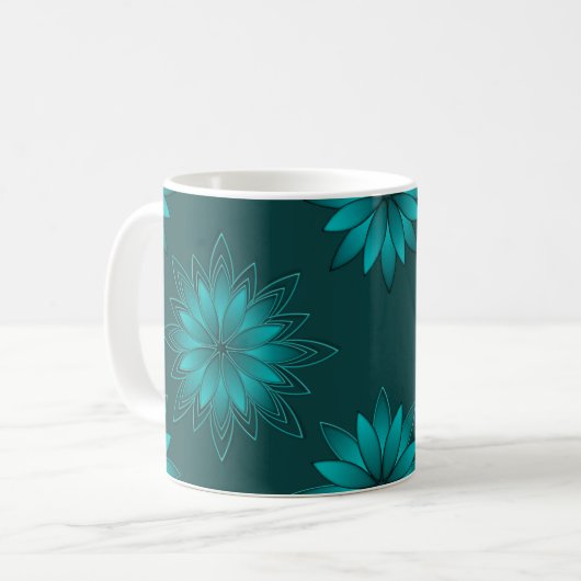 Teal Leaf Mandala Design on Dark Cyan コーヒーマグカップ (正面左)