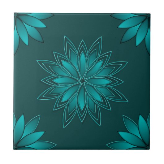 Teal Leaf Mandala Design on Dark Cyan タイル (正面)