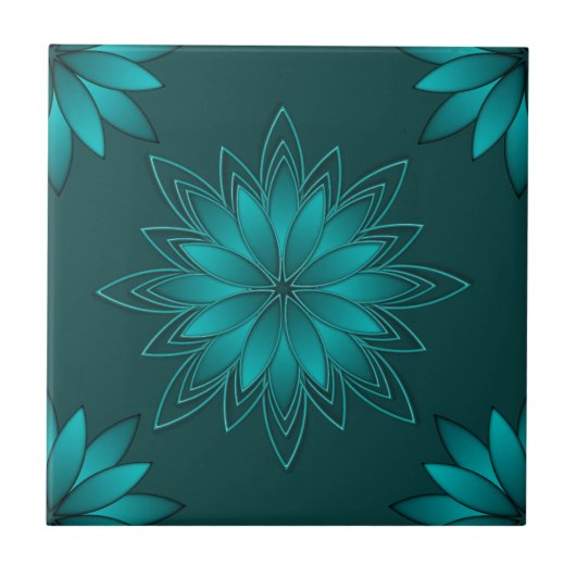 Teal Leaf Mandala Design on Dark Cyan タイル (正面)