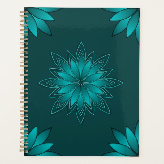 Teal Leaf Mandala Design on Dark Cyan プランナー手帳 (正面)