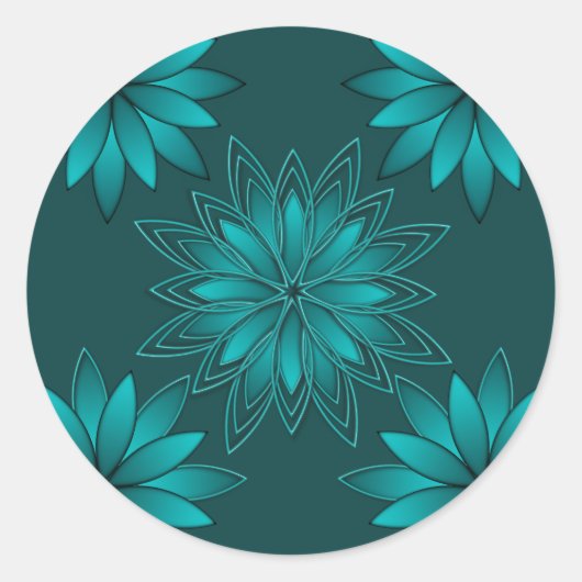 Teal Leaf Mandala Design on Dark Cyan ラウンドシール (正面)