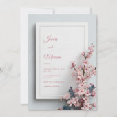 Teal Leaf Pink Sakura Textured Frame Wedding 招待状 (正面)