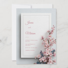 Teal Leaf Pink Sakura Textured Frame Wedding 招待状