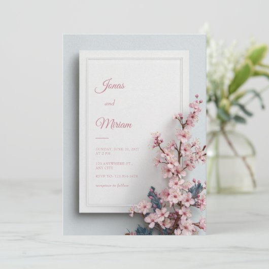 Teal Leaf Pink Sakura Textured Frame Wedding 招待状 (スタンド正面)