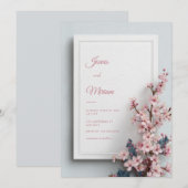 Teal Leaf Pink Sakura Textured Frame Wedding 招待状 (正面/裏面)