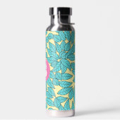 Teal Leaves Botanical Pattern Bright Pink Monogram ウォーターボトル (左面)