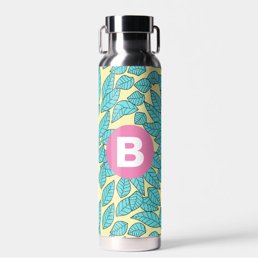 Teal Leaves Botanical Pattern Bright Pink Monogram ウォーターボトル (正面)