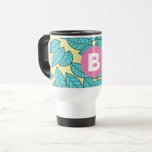 Teal Leaves Botanical Pattern Bright Pink Monogram トラベルマグ (正面左)