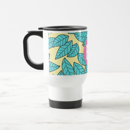 Teal Leaves Botanical Pattern Bright Pink Monogram トラベルマグ (左)