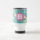 Teal Leaves Botanical Pattern Bright Pink Monogram トラベルマグ (中央)