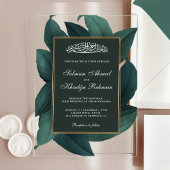 Teal Leaves Gold Border Islamic Muslim Wedding アクリル招待状