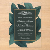 Teal Leaves Gold Border Islamic Muslim Wedding アクリル招待状 (正面)
