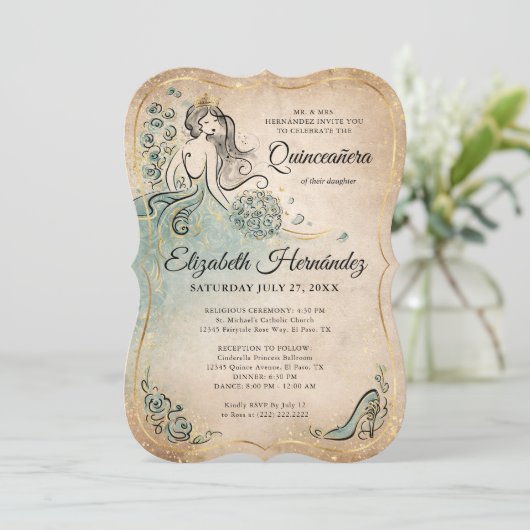 Teal Light Sage Seafoam Gold Princess Birthday 招待状 (スタンド正面)