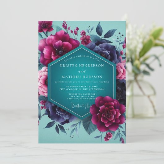 Teal Magenta Dramatic Bloom Wedding 招待状 (スタンド正面)