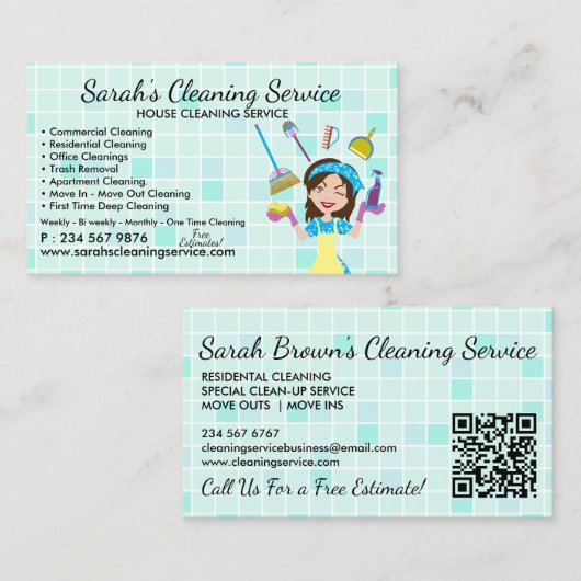 Teal Maid Janitorial Lady qr code Cleaning Service 名刺 (正面/裏面)