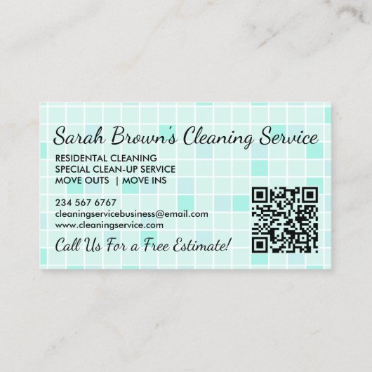 Teal Maid Janitorial Lady qr code Cleaning Service 名刺 (裏面)