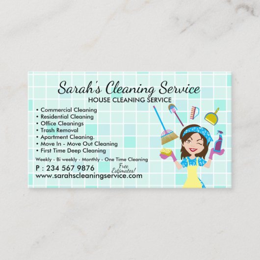 Teal Maid Janitorial Lady qr code Cleaning Service 名刺 (正面)